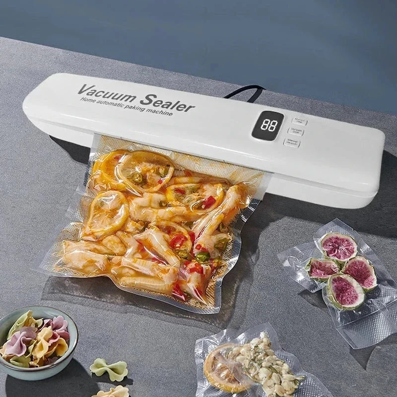 Chip Bag Sealer - White heat sealing tool on gray countertop sealing a plastic bag of marinated food with sealed fruit and pasta portions nearby