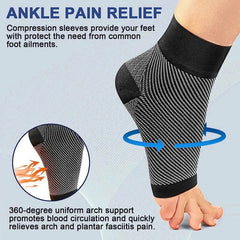 Compression Ankle Socks - black open-toe ankle sleeve with infographic showing arch support and circulation benefits
