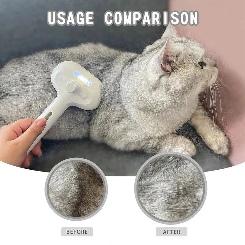 Undercoat Rake - Hand holding a lit white pet grooming brush against a grey cat, with before and after fur close-ups below