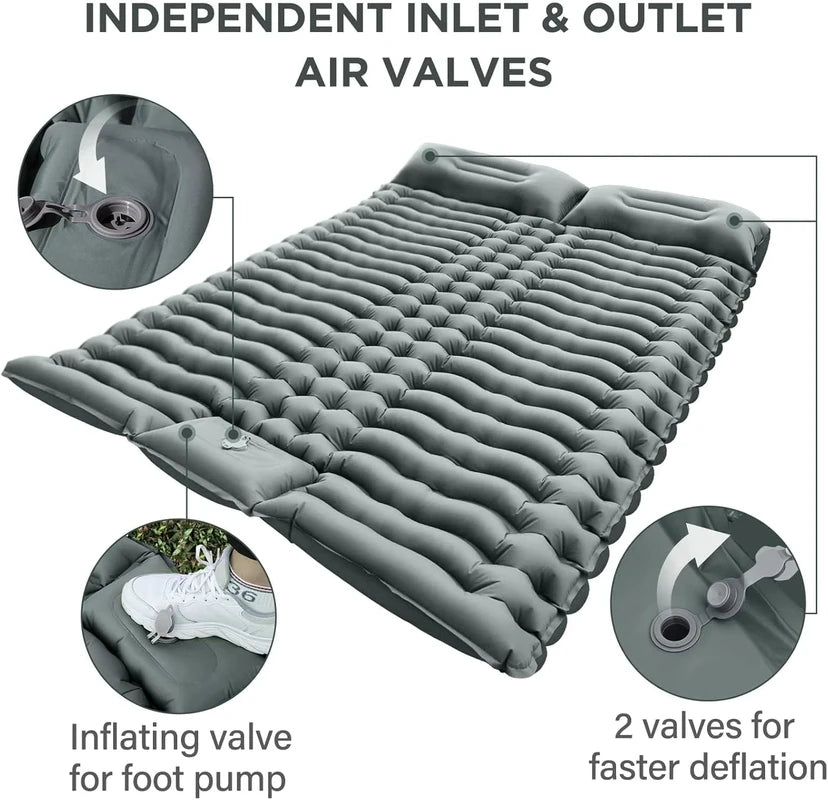 Double Camping Sleeping Pad - Gray double inflatable sleeping pad with built-in pillows, close-up insets of foot pump inflation valve and deflation valves.