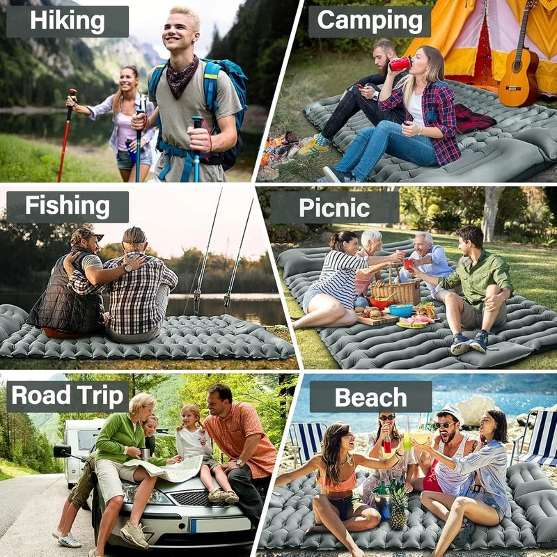 Double Camping Sleeping Pad - Collage of six activity scenes, all featuring a grey padded outdoor mat in use for hiking, camping, fishing, picnic, road trip and beach.