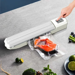 Vacuum Sealer Machine - User pressing control button to seal a bag containing raw salmon, surrounded by fresh produce