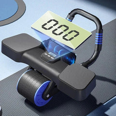 Dual Wheel Ab Roller - Close-up of a black and blue ab roller with its digital counter, elbow platforms, and projected display of zeros, resting on a mat