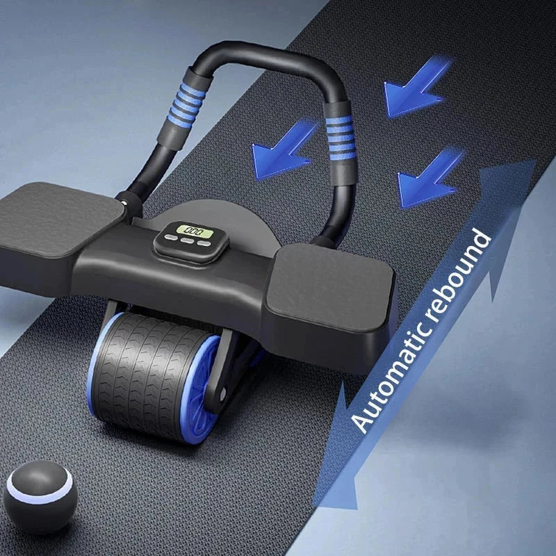 Dual Wheel Ab Roller - Black and blue automatic rebound ab roller with elbow pads, digital counter, and handle grips, shown on a textured mat with directional arrows.