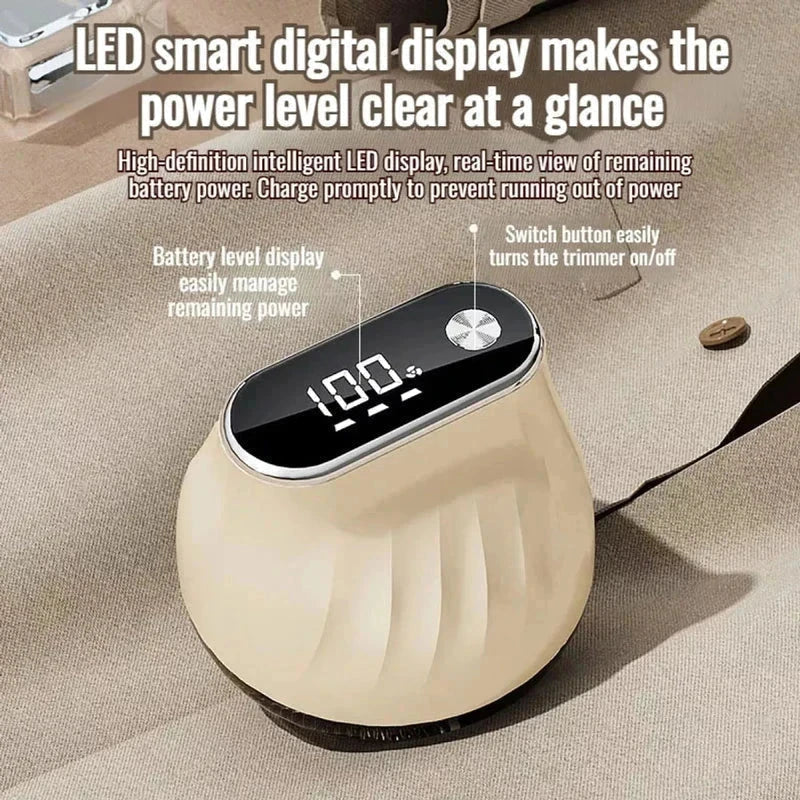 quitapelusas - Primer plano de la parte superior de un quitapelusas eléctrico beige, mostrando su pantalla LED de encendido y su botón de interruptor, con etiquetas indicativas
