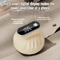 quitapelusas - Primer plano de la parte superior de un quitapelusas eléctrico beige, mostrando su pantalla LED de encendido y su botón de interruptor, con etiquetas indicativas