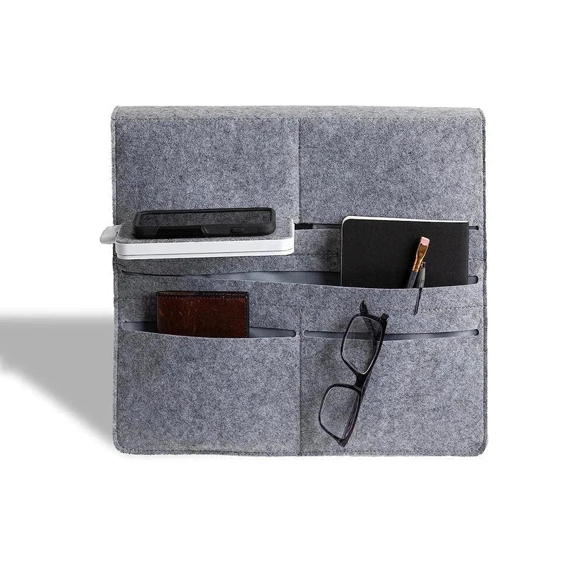 Felt Bedside Caddy Organizer Pocket Bag - Folded profile view of gray felt bedside storage caddy with divided pockets