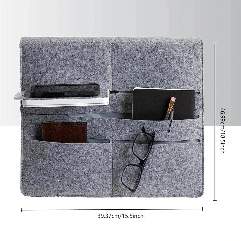 Felt Bedside Caddy Organizer Pocket Bag - Gray felt bedside caddy organizer displayed flat with pockets holding phone, wallet, notebook, pen and glasses, size dimensions marked.