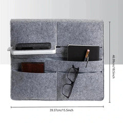 Felt Bedside Caddy Organizer Pocket Bag - Gray felt bedside caddy organizer displayed flat with pockets holding phone, wallet, notebook, pen and glasses, size dimensions marked.