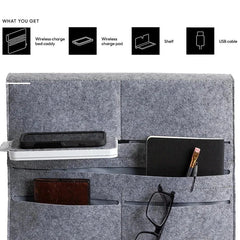 Felt Bedside Caddy Organizer Pocket Bag - Felt bedside organizer caddy with attached wireless charging pad, holding a phone case, small notebook, pen, wallet, and eyeglasses; included components listed above