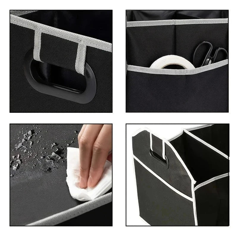 Foldable Car Trunk Organizer - Four close-up detail shots of the organizer: side handle, exterior side pocket, water wipe test, and compartment seams.