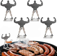 Funny Sausage Grill - Set of four muscle-man silhouette metal holders, one shown holding a cooked sausage on a charcoal grill with assorted grilled meats