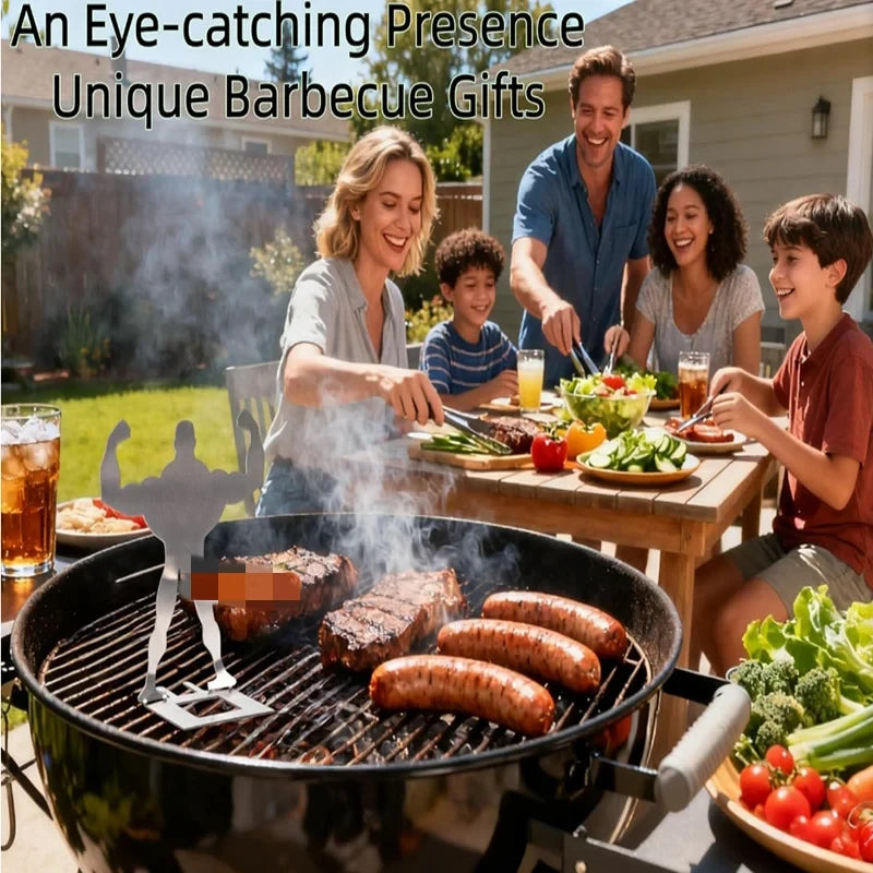 Funny Sausage Grill - Stainless steel muscular human-shaped BBQ tool on a kettle grill, a family dines at a backyard picnic table nearby