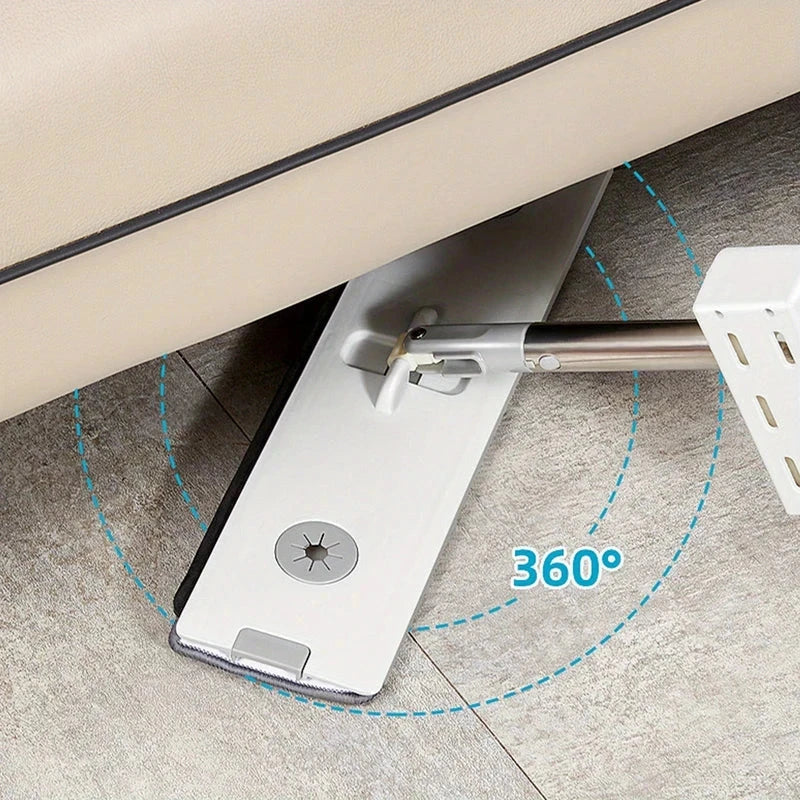 Mop And Bucket System - Flat mop head swiveled to reach under a low furniture piece, 360 degree rotation indicator shown