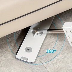 Mop And Bucket System - Flat mop head swiveled to reach under a low furniture piece, 360 degree rotation indicator shown