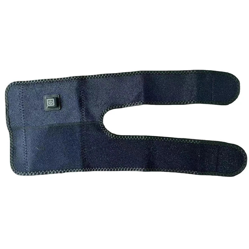 Heated Knee Pad - Dark neoprene adjustable knee wrap laid flat, showing integrated power button and stitched edges