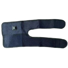 Heated Knee Pad - Dark neoprene adjustable knee wrap laid flat, showing integrated power button and stitched edges