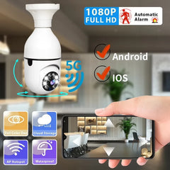 Security Camera - Bulb camera with 360 rotation indicator, feature callouts, and smartphone showing live indoor feed