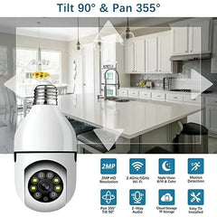 E27 bulb security camera, with pan/tilt range labeled and feature icons listing resolution, Wi-Fi, night vision, storage options