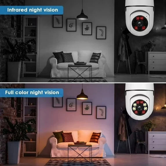Side-by-side comparison of infrared black-and-white and full-color night vision views from a bulb security camera