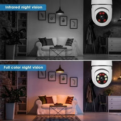Side-by-side comparison of infrared black-and-white and full-color night vision views from a bulb security camera