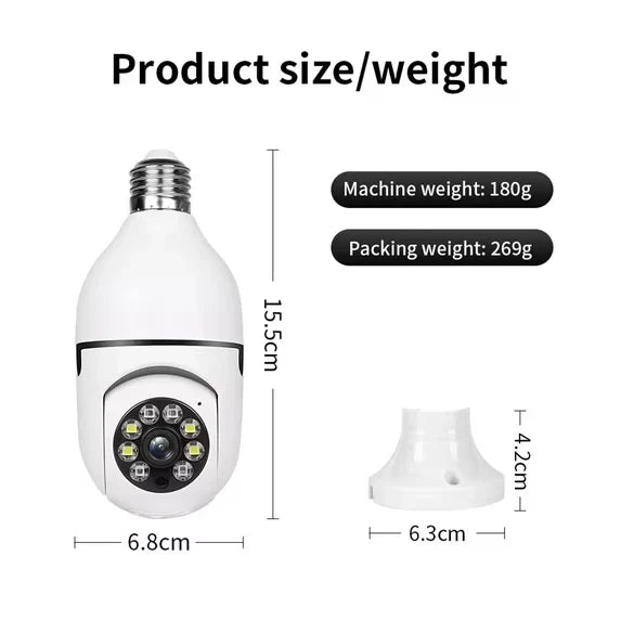 Bulb-style security camera and mounting base with labeled dimensions and weight information