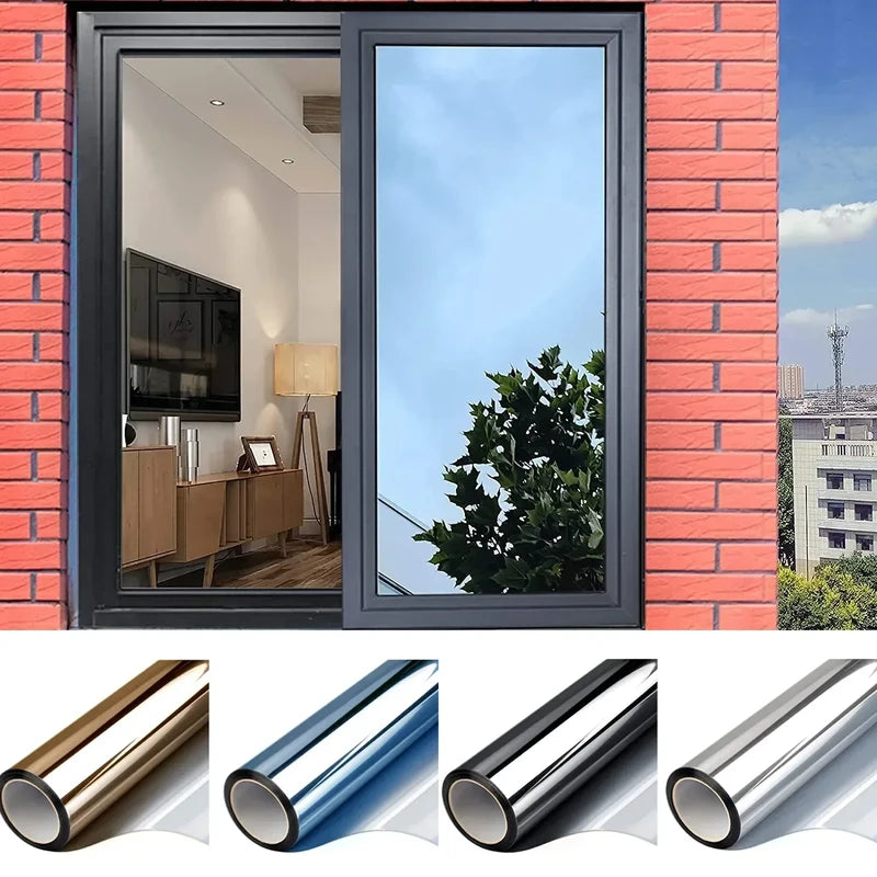 Window Film - Installed reflective film on sliding glass door with available finish color swatches