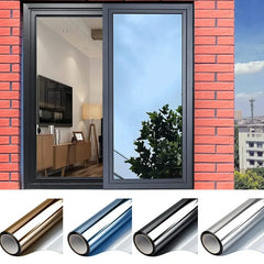 Window Film - Installed reflective film on sliding glass door with available finish color swatches