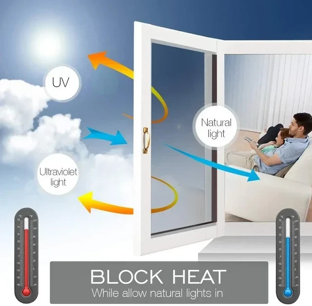 Window Film - Diagram showing heat and UV block while natural light passes through treated glass