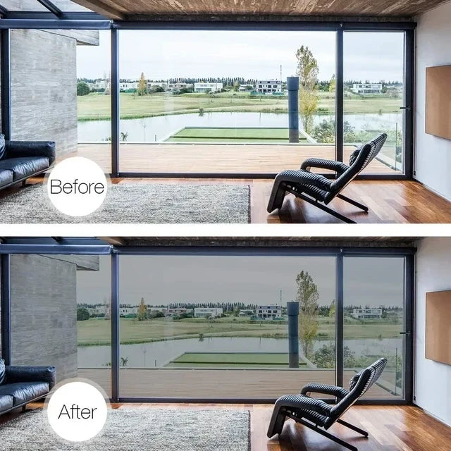 Window Film - Side-by-side before and after comparison of large residential windows with and without applied film