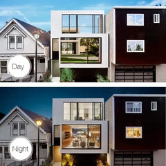 Window Film - Side-by-side comparison of three adjacent houses at daytime and night, showing interior lights visible at night through large windows