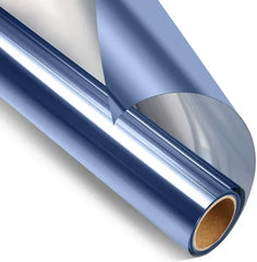 Roll of blue glossy reflective window film with a section lifted off the roll