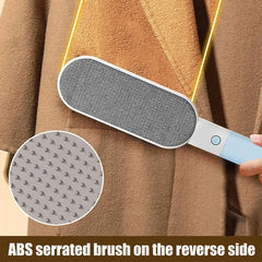 A multifunctional cleaning brush is held against brown fabric, with a close-up of its dotted reverse side surface.
