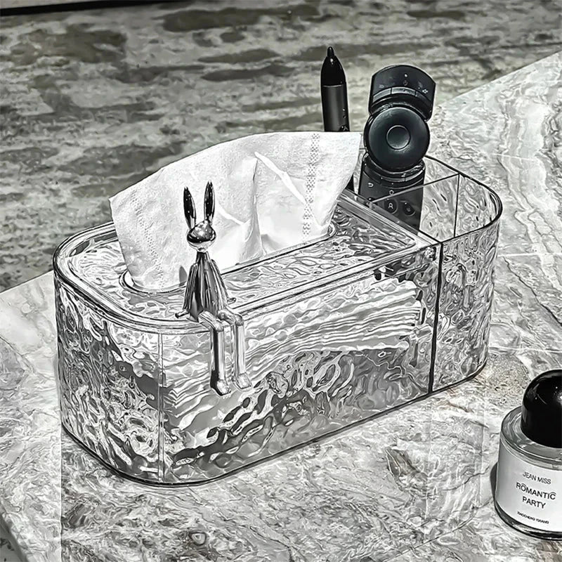 Tissue box holder on a bathroom vanity