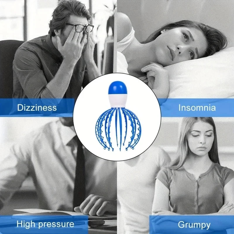 Head Scalp Massager - Blue and white octopus head massager centered between four grayscale panels labeled Dizziness, Insomnia, High pressure, Grumpy.