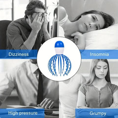 Head Scalp Massager - Blue and white octopus head massager centered between four grayscale panels labeled Dizziness, Insomnia, High pressure, Grumpy.