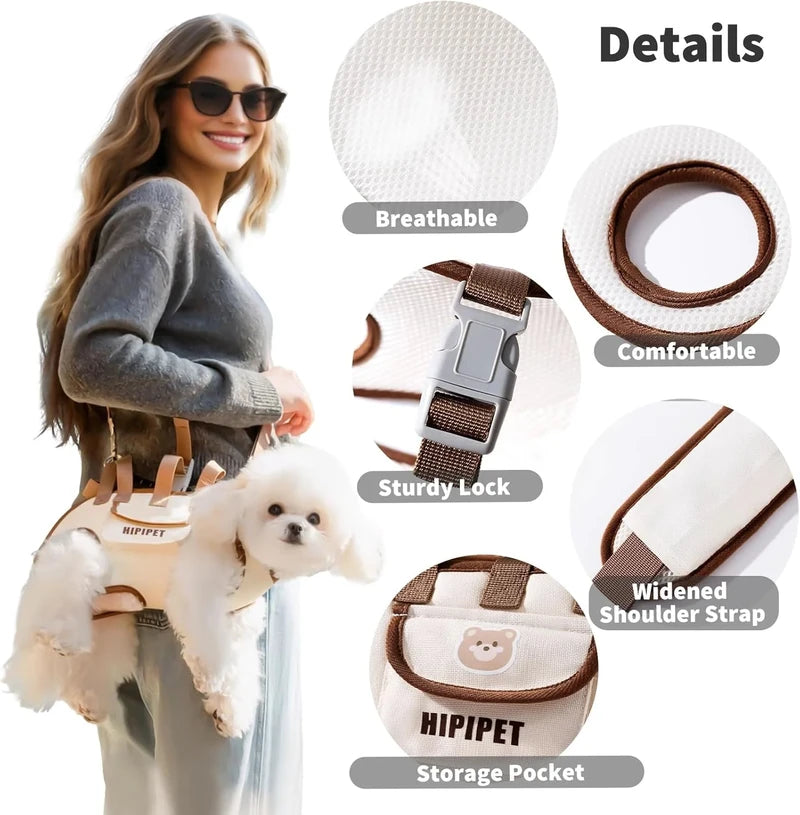 HIPIPET small dog carrier bag details: breathable, lock, padded strap, pocket features