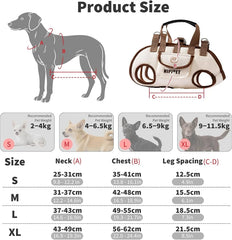 HIPIPET dog carrier size chart with S-XL dimensions for pet neck, chest, leg spacing