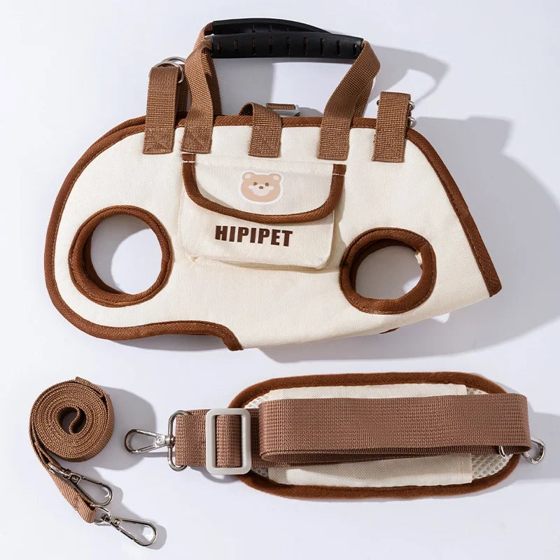 Beige brown HIPIPET pet carrier harness with bear design and straps
