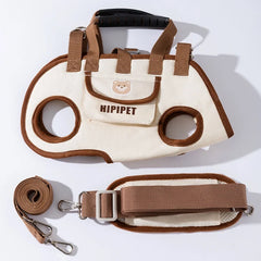 Beige brown HIPIPET pet carrier harness with bear design and straps