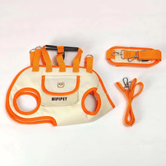 Beige orange HIPIPET pet carrier harness with cute bear and accessories