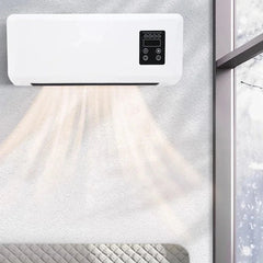 White wall-mounted fan heater mounted on a textured wall, blowing warm air near a snowy window