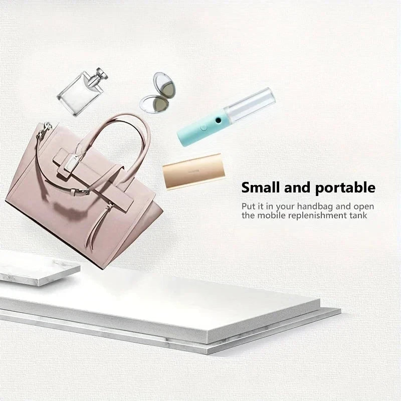 Small portable nano facial mister, fits in handbag, mobile on-the-go skin hydration device