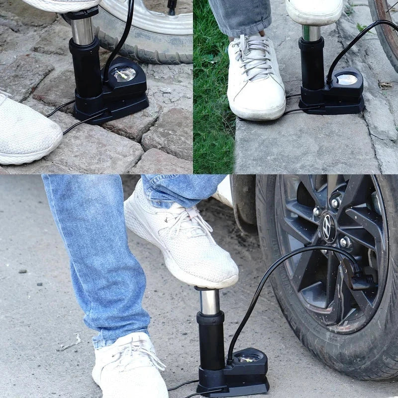 Three panel view of portable air pump being foot-operated to inflate car and bicycle tires in outdoor settings