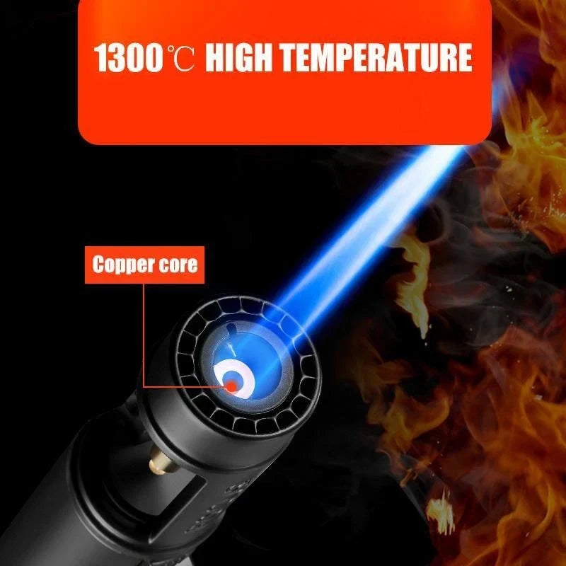 Blue flame butane torch lighter with labeled copper core, text noting 1300°C high temperature, visible fiery background