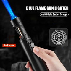 Hand holding a blue flame butane torch lighter, labeled corkscrew feature, multi-hole outlet design diagram, FOCUS branding