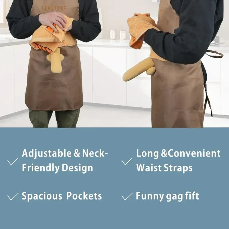 Funny gag chef apron with plush penis detail, showing adjustable neck, spacious pockets, long waist straps
