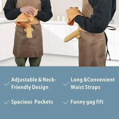 Funny gag chef apron with plush penis detail, showing adjustable neck, spacious pockets, long waist straps