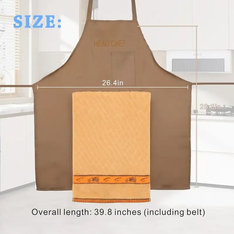 Brown HEAD CHEF funny gag apron size chart: 26.4in wide, 28.8in tall, 39.8in total length