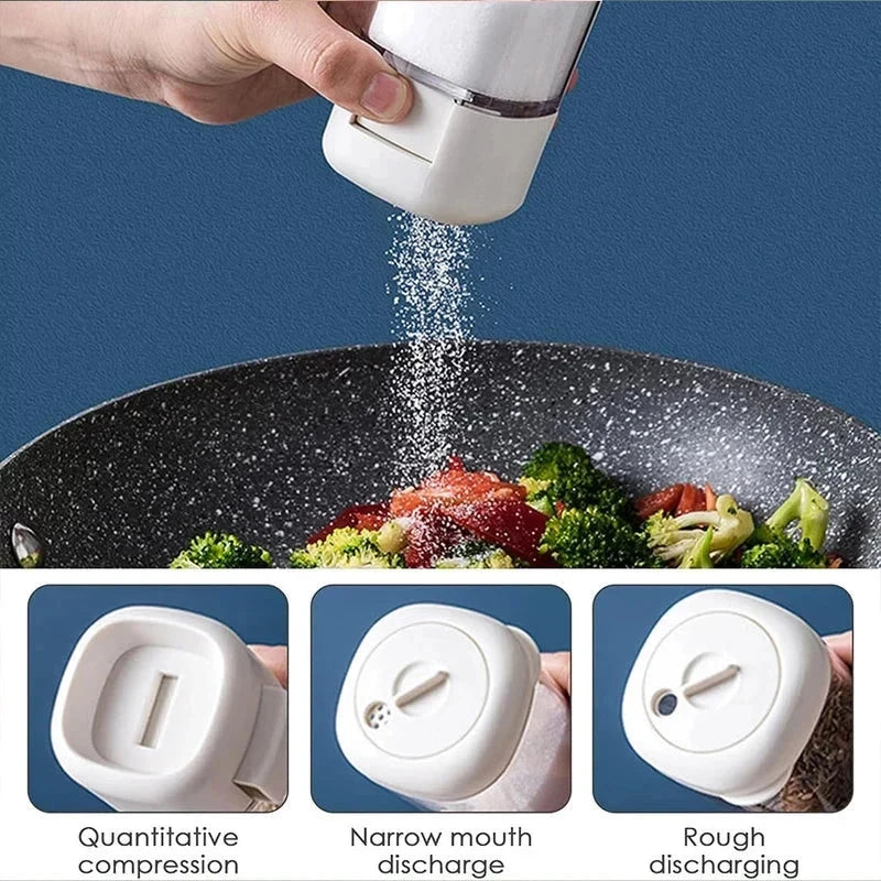 Push-type salt shaker dispensing into wok, with 3 pour mode demos below